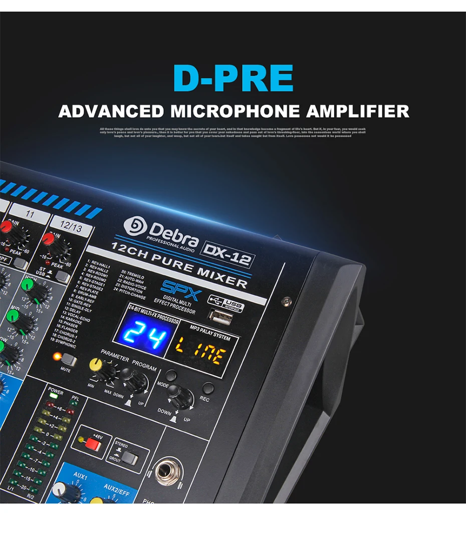 Дебра аудио DX-12 12 каналов аудио dj микшер контроллер звуковая карта с 24 DSP эффект, включающим в себя гарнитуру блютус и флеш-накопитель USB XLR Jack Aux Вход
