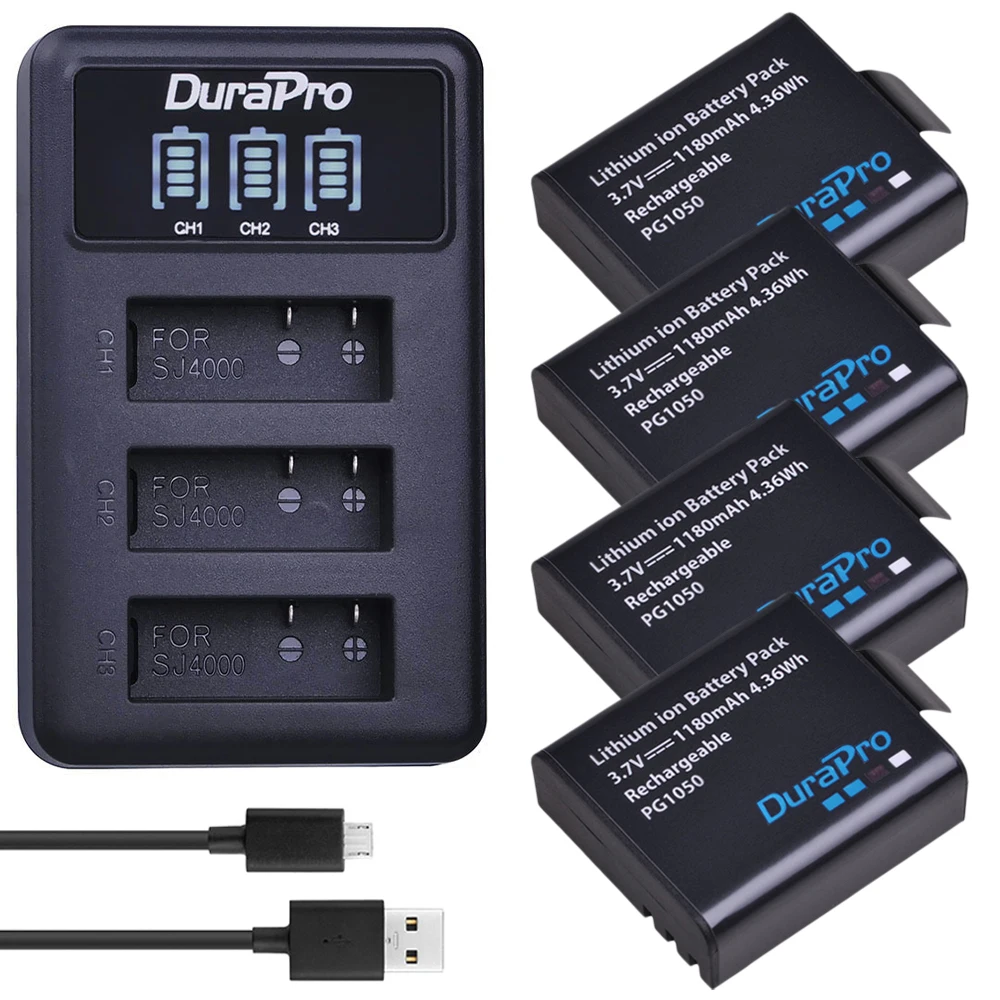 4x1180 мА/ч, PG1050 SJ4000 Камера Батарея+ светодиодный 3 слотов для карт USB Зарядное устройство для спортивной экшн-камеры SJCAM SJ4000 SJ5000 SJ6000 SJ8000 eken 4K H8 H9 GIT-LB101