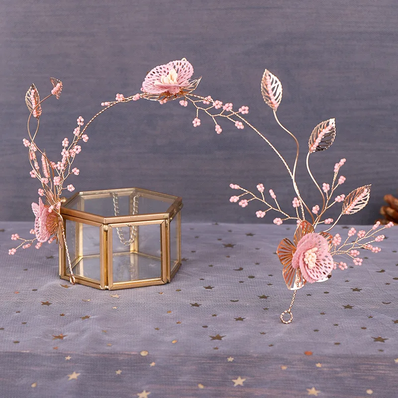 pink rose flower hairbands earrings Bride Jewelry New Korean leaf hoop head wear Earrings Set Wedding hair jewelry | Украшения и