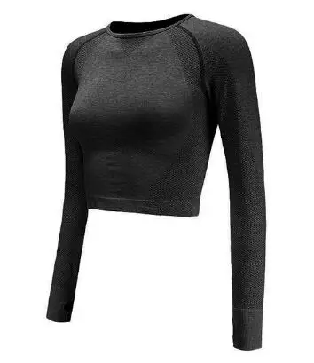 New Seamless Fitness Crop Tops Women Quick Dry Slim Fit Workout Gym Shirts Long Sleeved Jogger Tops with Thumb Holes - Цвет: BLACK