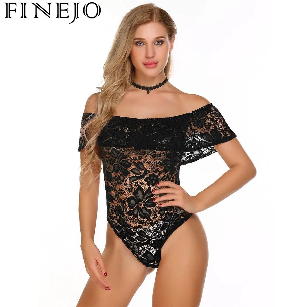 FINEJO Цветочные кружевные оборки с открытыми плечами боди 2017 новые модные летние