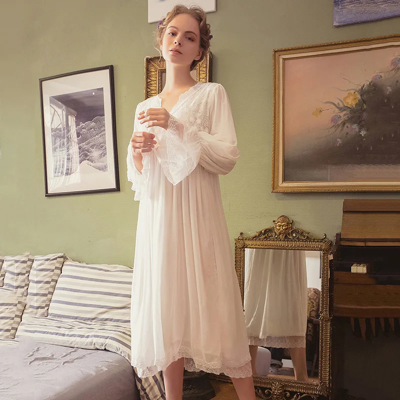 Модные весенние Хлопковые женские ночные рубашки свободные белые кружевные