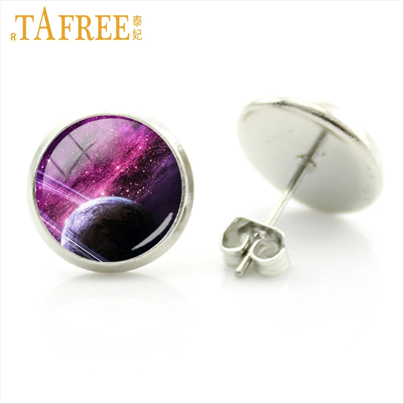 Женские серьги гвоздики со Звездами Галактики TAFREE стеклянные купольные в виде