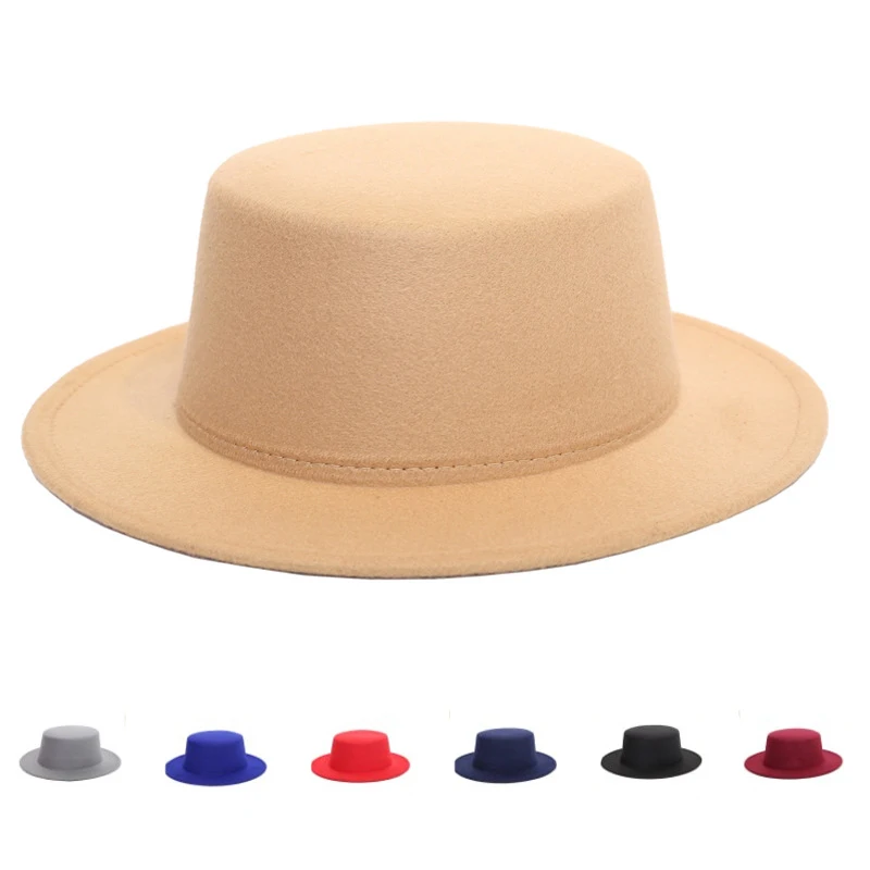 

LUCKYLIANJI Vintage Retro Kid Child Solid Color Pork Pie Elegant Wool Felt Flat Oval Top Porkpie Bowler Hat (One Size: 54cm)