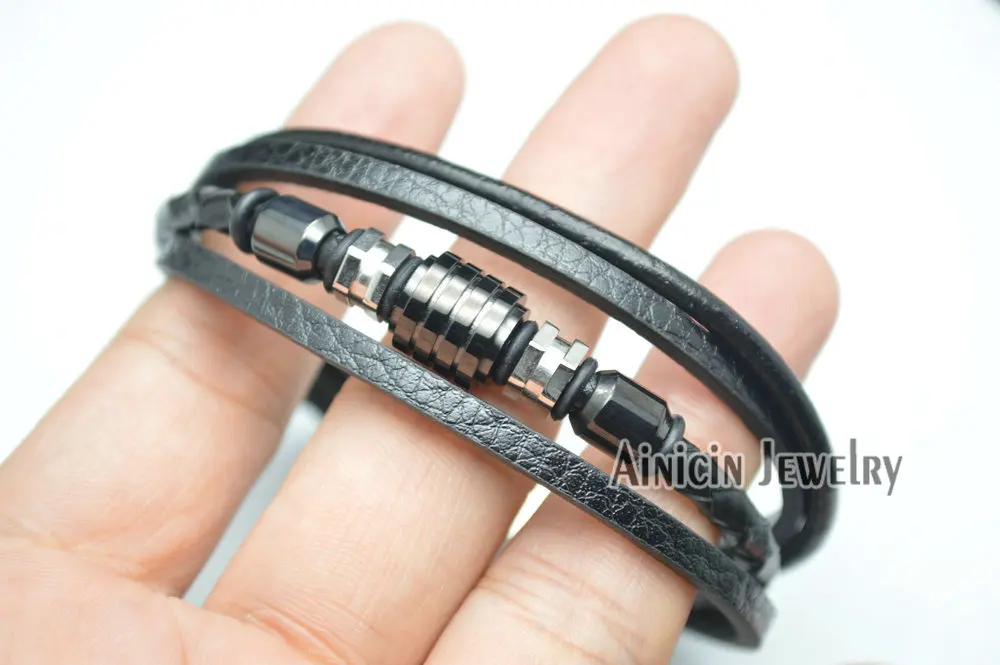 Многослойные браслеты из натуральной кожи с черным покрытием модные мужские