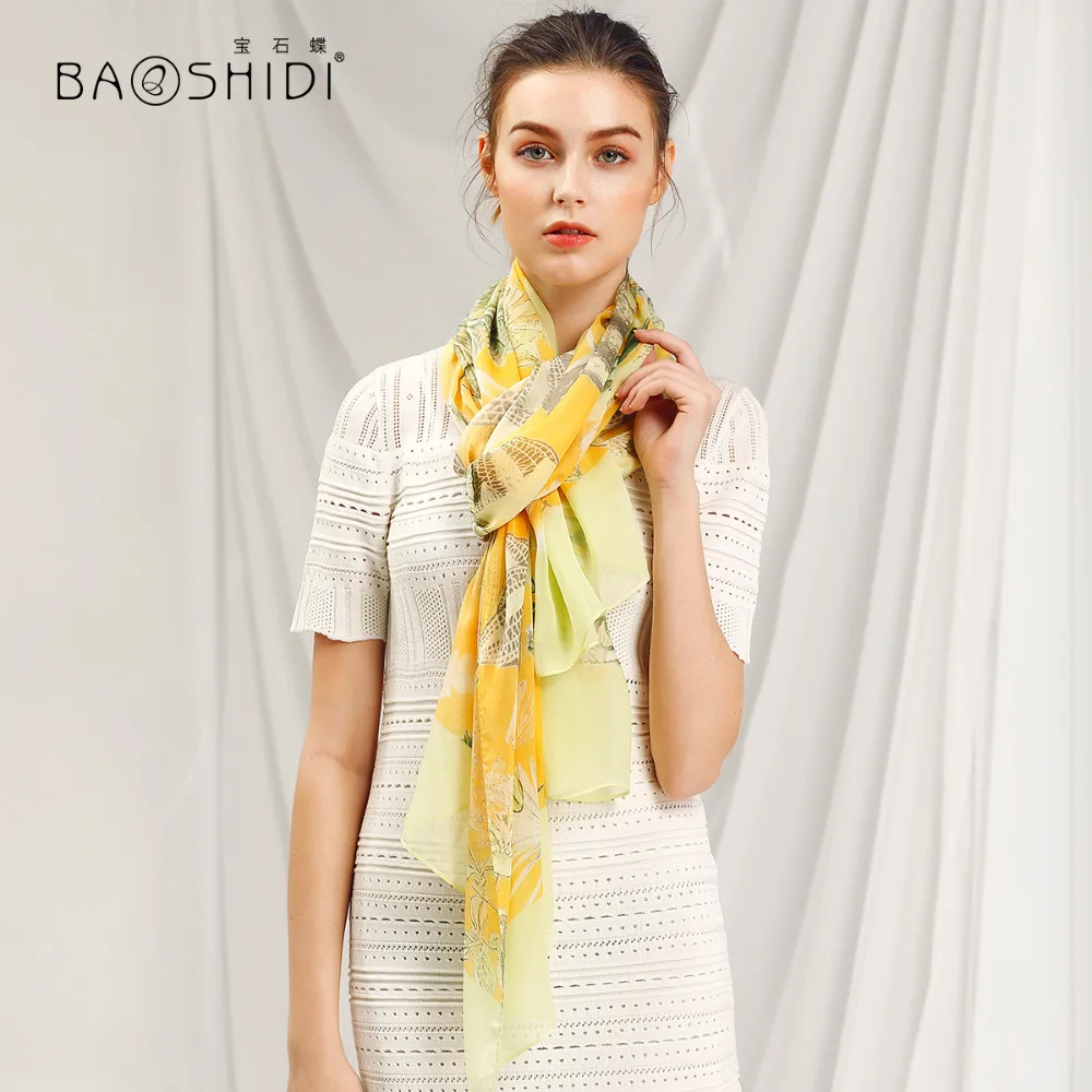 

[BAOSHIDI]100% Silk Scarf Women, 2018 New Arrival, Fashion Long chiffon silk scarves, Luxury brand anti SUV Beach Cover shawl
