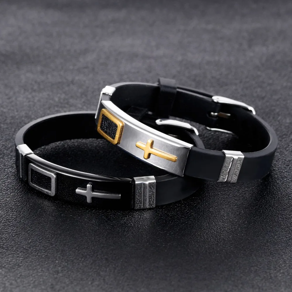 Fashion Punk Cross Silicone Bracelet For Men Stainless Steel Black/ Gold Color Male Jewelry Adjustable Wristbands | Украшения и