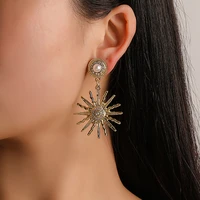 sunflowers round artificial pearls alloy dangle drop earrings rhinestone for women