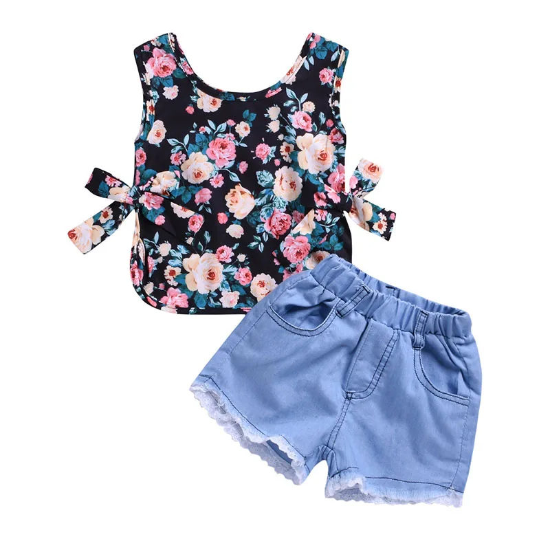 

Hot Selling Kids Girls Tops with Shorts Suit Sleeveless Print Breathable Clothing Set for Summer