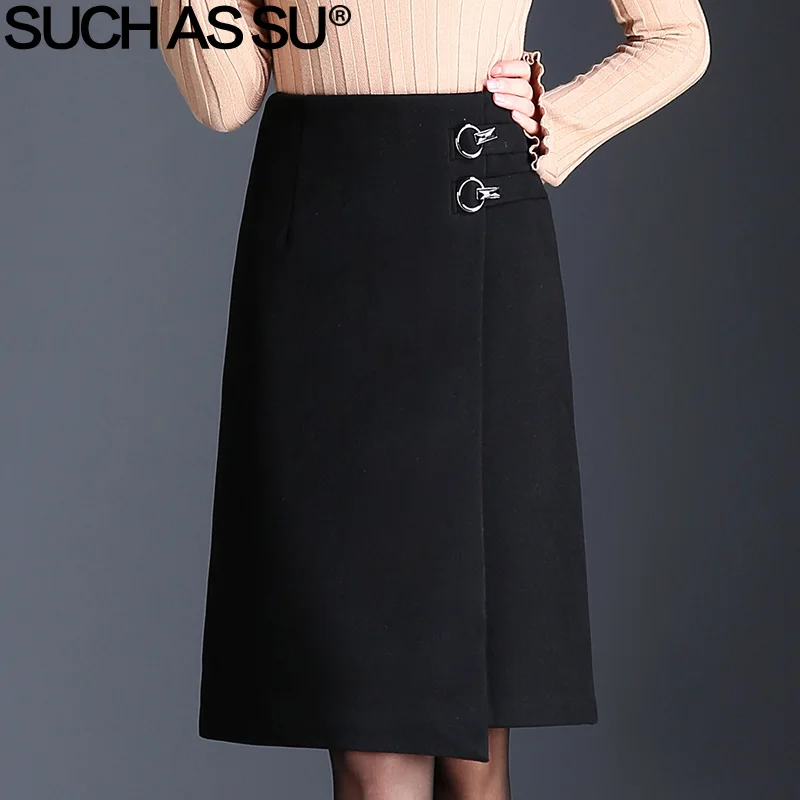 Black Skirt Комбинированная Асимметричная Женская юбка, новинка, Осень-зима, коричневая, черная, шерстяная, завышенная талия, нестандартная юбка, S-3XL размер, Офисная Женская юбка - Цвет: Black Skirt