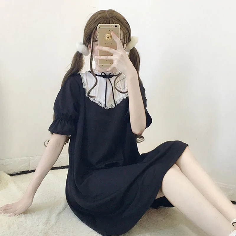 Woherb, летнее милое черное платье для женщин,, элегантное, Vestidos, японский стиль, кружевное, Бандажное платье, Robe Femme 21600