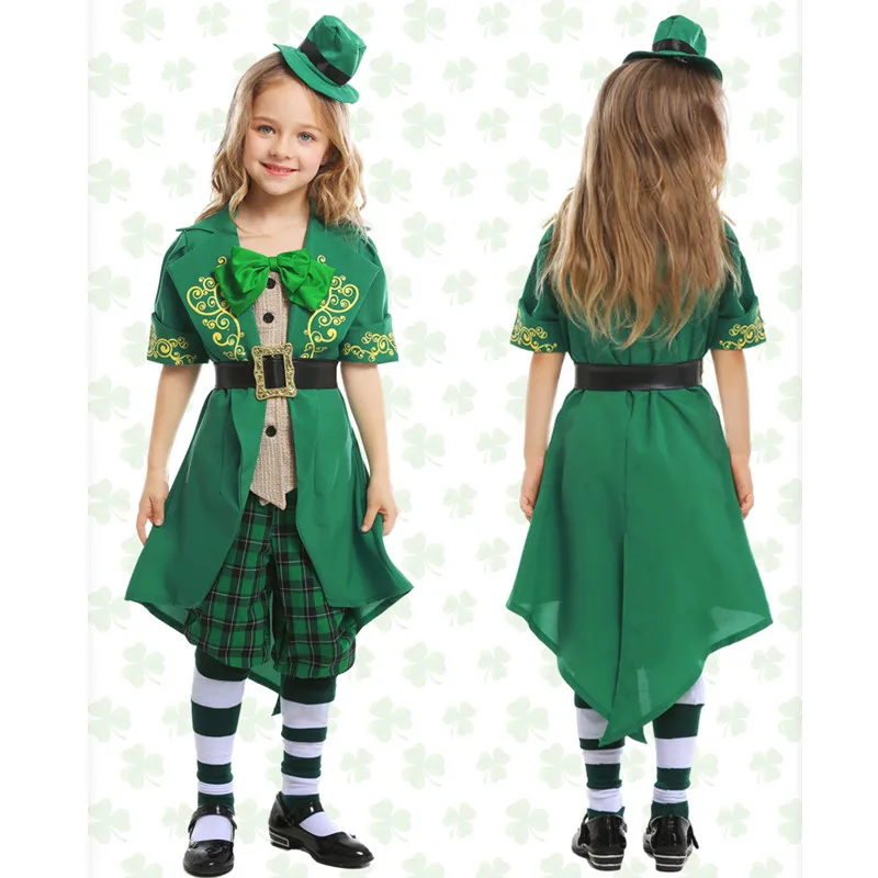Green Girls Halloween Ireland Fairy Traditional Costumes Kids Children Irish Leprechaun Elf Cosplay Purim Carnival Party Dress |