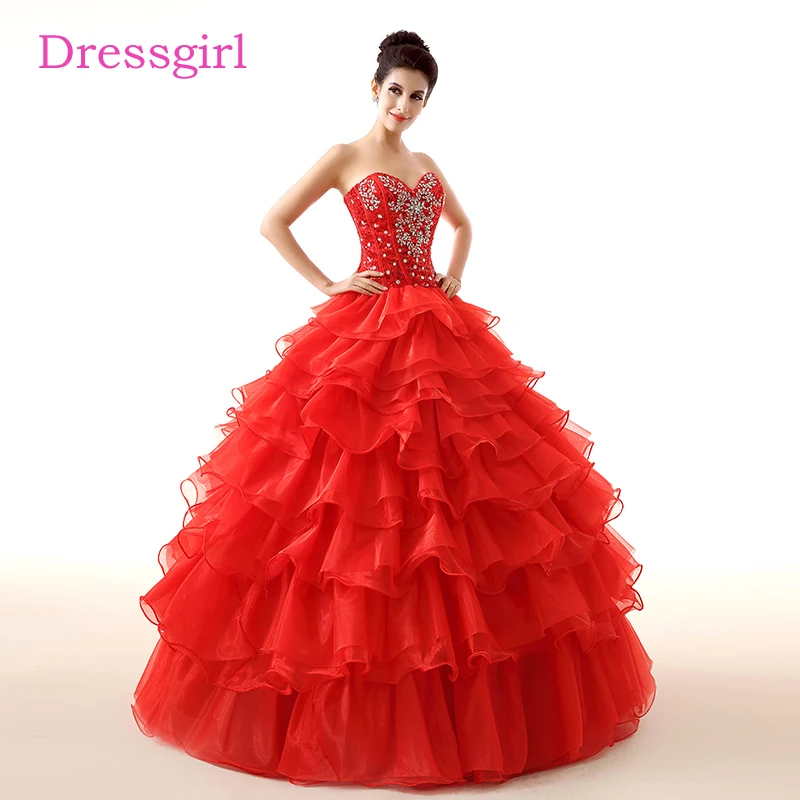 Красные Дешевые бальные платья Quinceanera, женское платье из органзы с многоярусными бусинами и кристаллами, милые 16 платьев