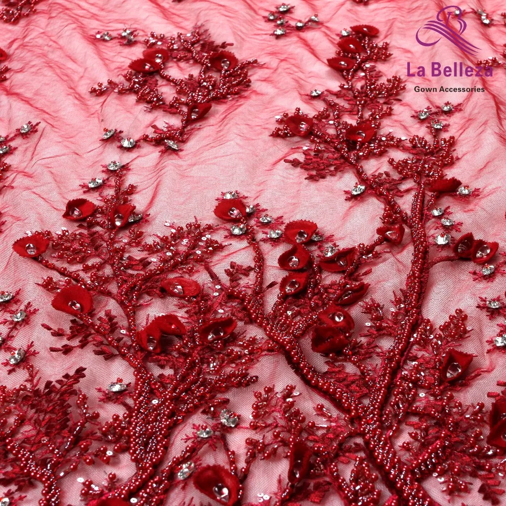 La Belleza handmade beaded crystal ivory 3D flowers evening ddress lace fabric 1 yard SNB3D801