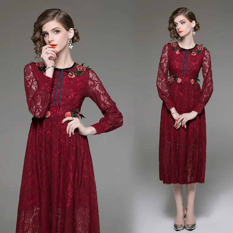 Осень Для женщин с длинным рукавом черного кружева платье vestidos mujer 2018 Vestido