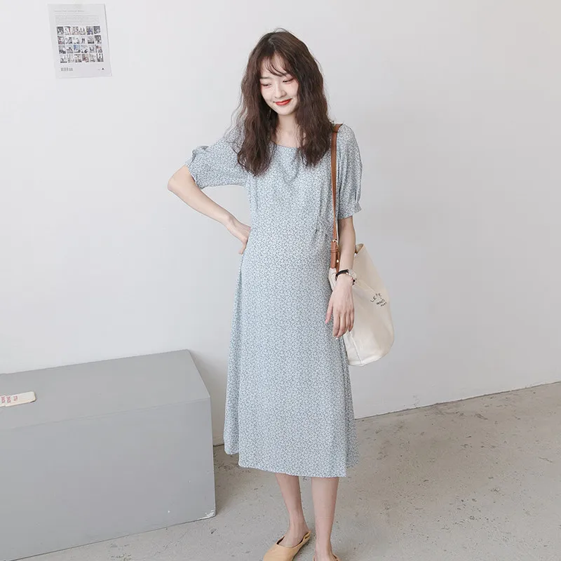 

Summer Maternity Print Dresses Expectant Mother Round Neck Back Lace Dress Pregnant Women Loose Fashion Dress Pregnancy Clothes