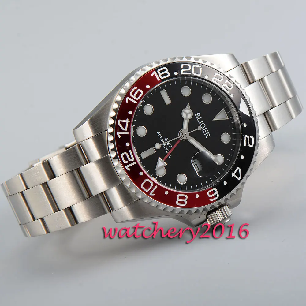 Modisch 43 мм Bliger черный циферблат белые следы сапфировое стекло GMT автоматические