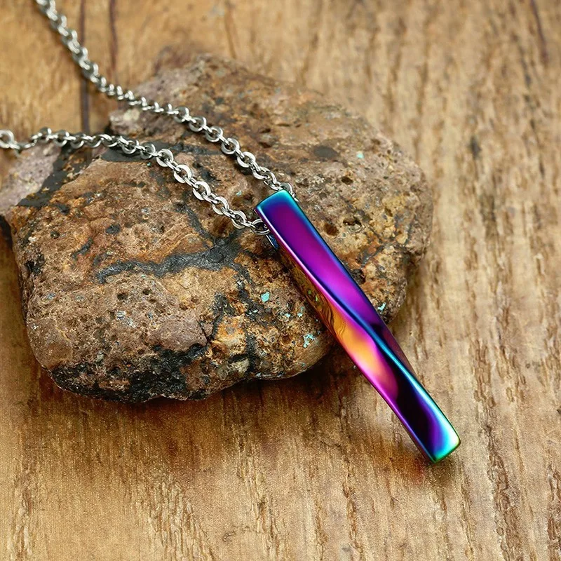 

OXIDATION RAINBOW BAR SQUARE TWISTED COLUMN PENDANT NECKLACE FOR MEN STAINLESS STEEL MALE FEMALE COUPLES JEWELRY