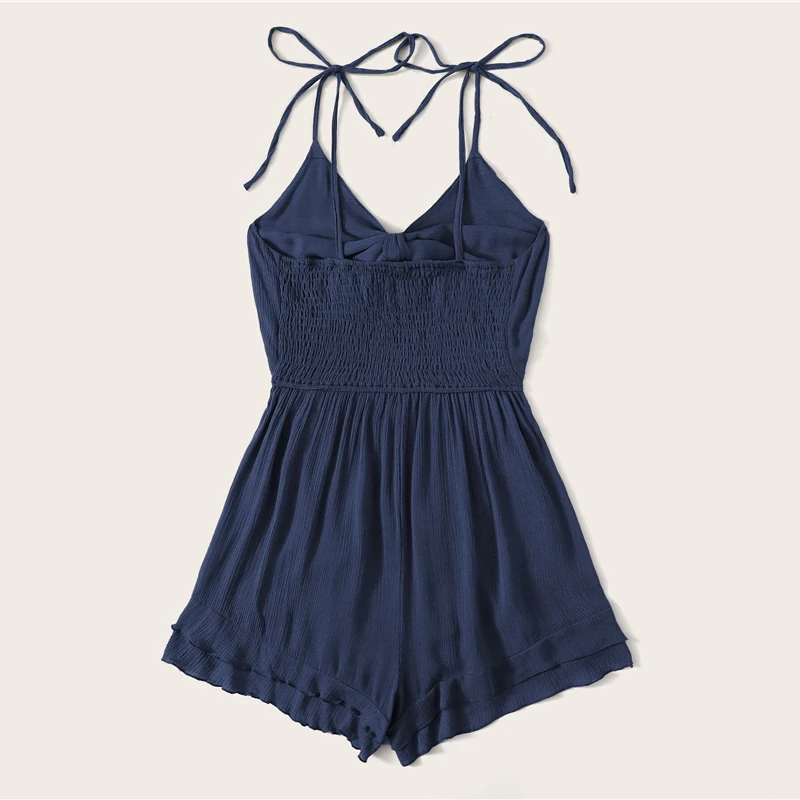 Dotfashion Solid Tie Front Shirred Back Ruffle Hem Cami Romper Women Summer Boho Sleeveless Ladies High Waist Playsuit