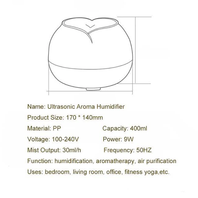 400ml Air Humidifier Essential Oil Diffuser Ultrasonic Cool Mist Maker Fogger with LED Aroma Lamp Electric Aromatherapy | Бытовая
