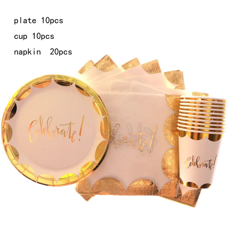 40pcs gold Принадлежности для дня рождения, фольга, серебро, одноразовые вечерние декоративные столовые принадлежности, набор бумажных соломенных тарелок, чашки, свадебные украшения - Цвет: 40pcs gold