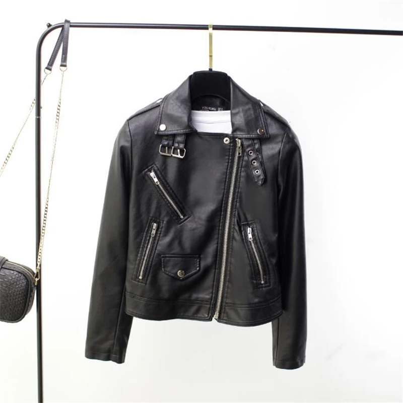 

New Design Faux Soft Leather Women Jacket Short Motorcycle Jacket Turn-down Collar PU Leather Coat Sleeve Zipper Women Jacket