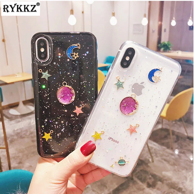 Черно-белый блестящий чехол из ТПУ со звездами и Луной для iPhone X прозрачный мягкий