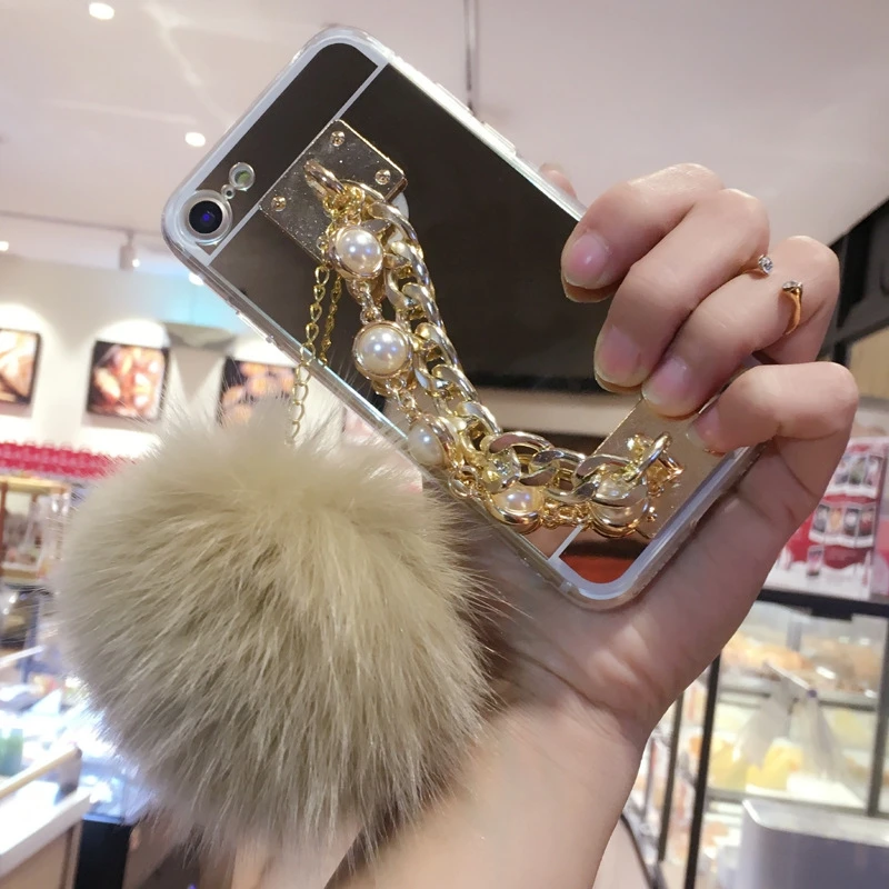 Роскошные зеркальные Чехлы HOCAYU с меховым шариком для Iphone 5 5S Se 6 6s 6plus 7 7plus 8 8plus X