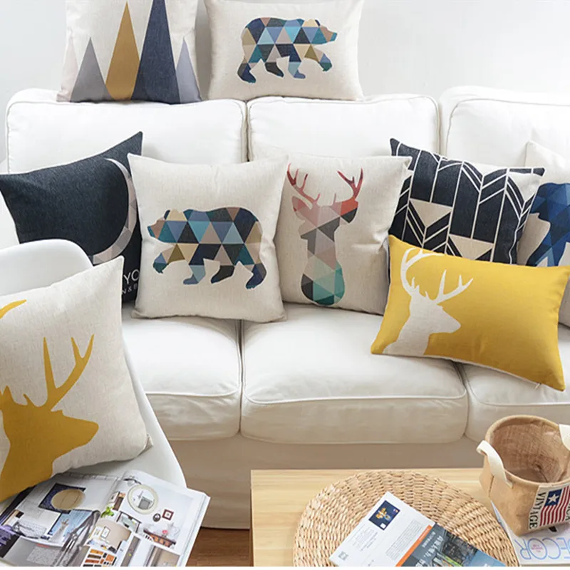 Нордическая Геометрическая льняная хлопковая Подушка с оленем (без наполнителя