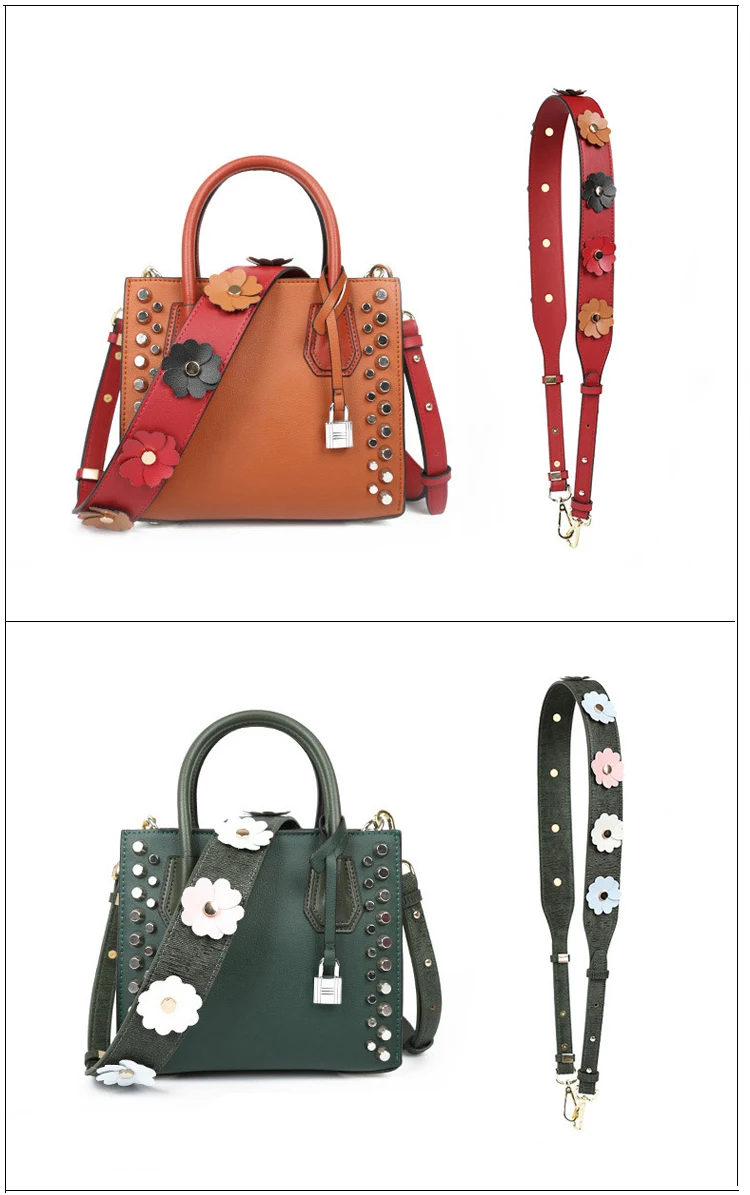 Wide PU Flower Shoulder Bag Strap For Women Replacement Long Leather Handbag Belt Colorful Rivet Adjustable Crossbody Bag Strap