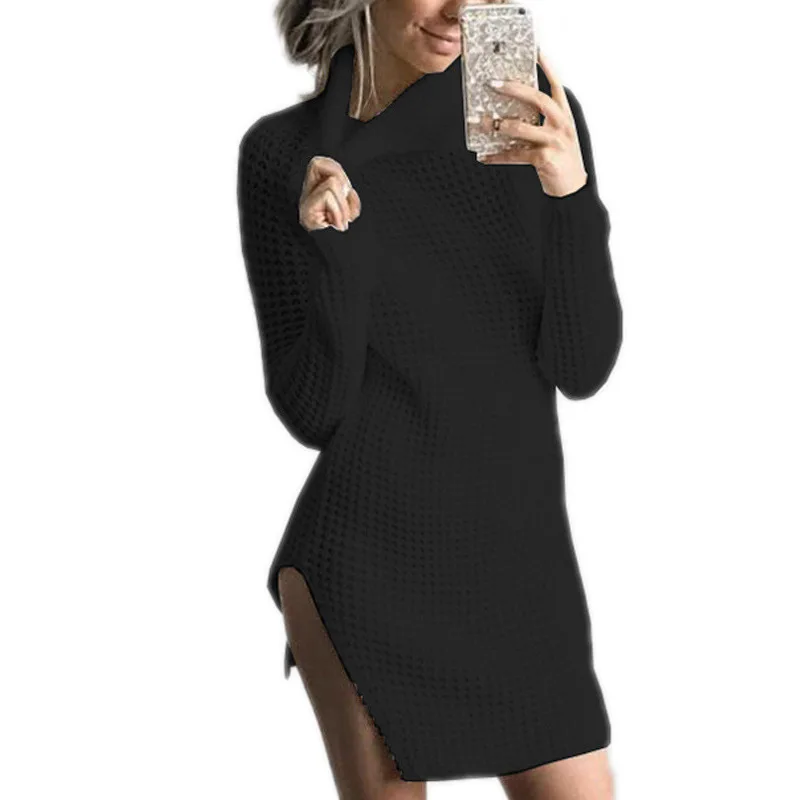 Fashion Turtleneck Sweater for Women Sexy Solid Split Knitting Casual Long Sleeve Dresses WLD136 | Женская одежда