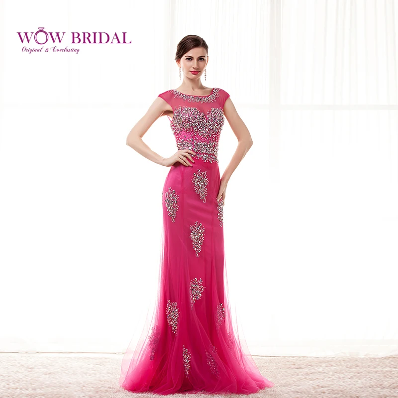 Wowbrial изящные опера розовый длинное вечернее платье 2015 совок кристалл шеи картина
