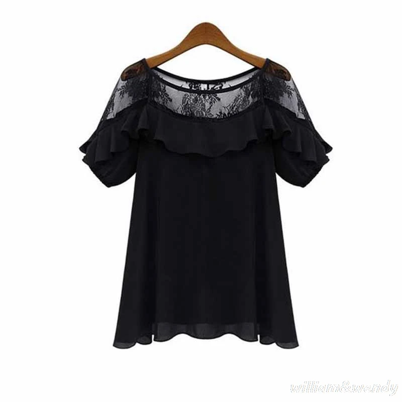 Women Summer White Short Sleeve Chiffon Shirts Fashion Top Pullover Vintage Off Shoulder Large Size Retro Black Chemises Blouses |