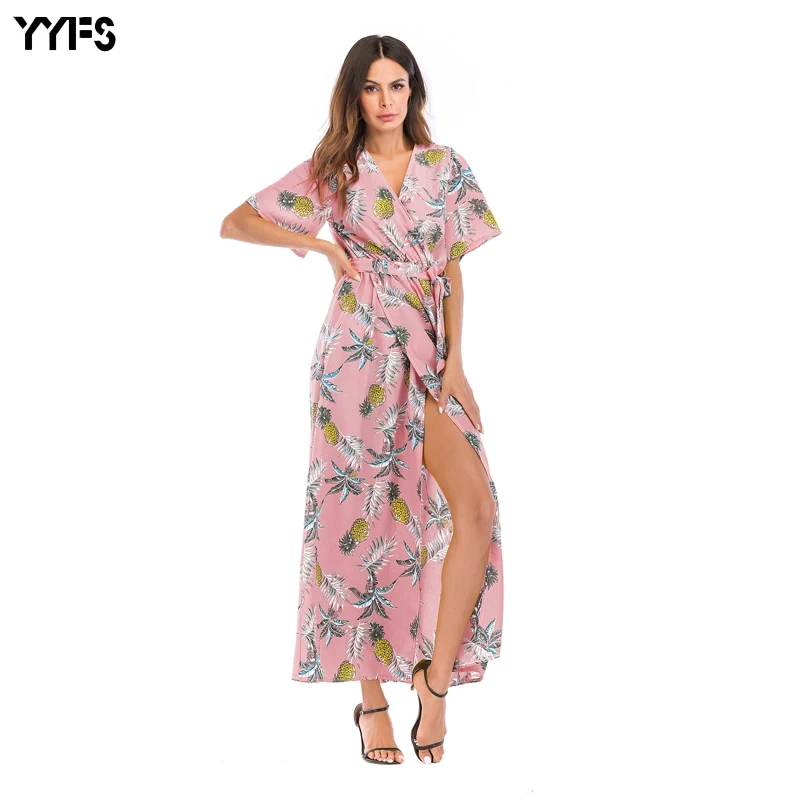 YYFS 2019 New Summer Dress Women Flower Floral Print Chiffon Boho Short Sleeve V neck Beach Party maxi dress women | Женская одежда