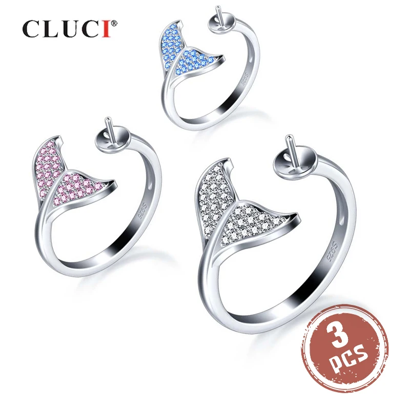 CLUCI 3pcs Silver 925 Zircon Rings for Women Adjustable Pearl Ring Mounting 925 Sterling Silver Whale Tail Shaped Ring SR2233SB