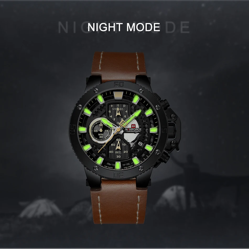 Мужские часы от роскошного бренда, мужские спортивные часы NAVIFORCE, мужские кварцевые часы с хронографом, Водонепроницаемые кожаные военные наручные часы
