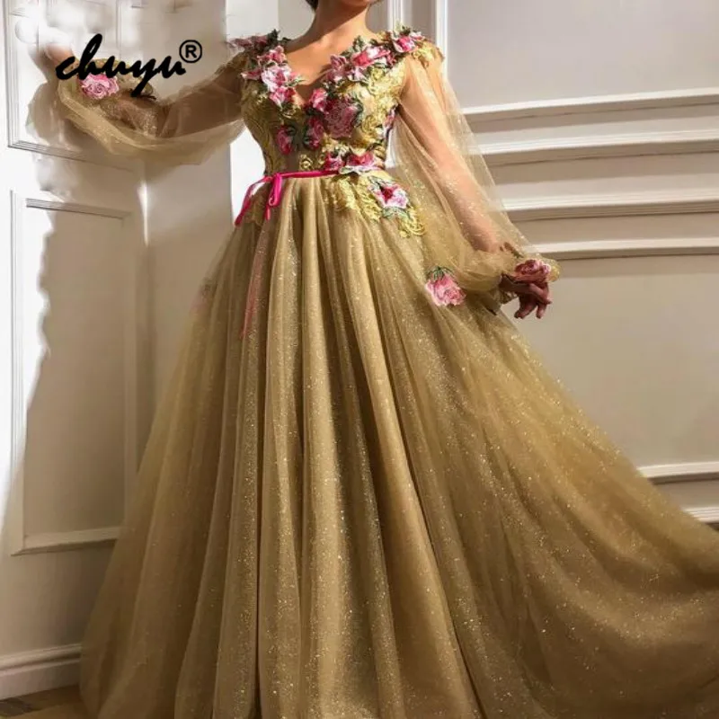 

Gold Muslim Evening Dress Long Sleeves Lantern Flowers vestido de festa Islamic Dubai Saudi Arabic Evening Gown Prom Dress