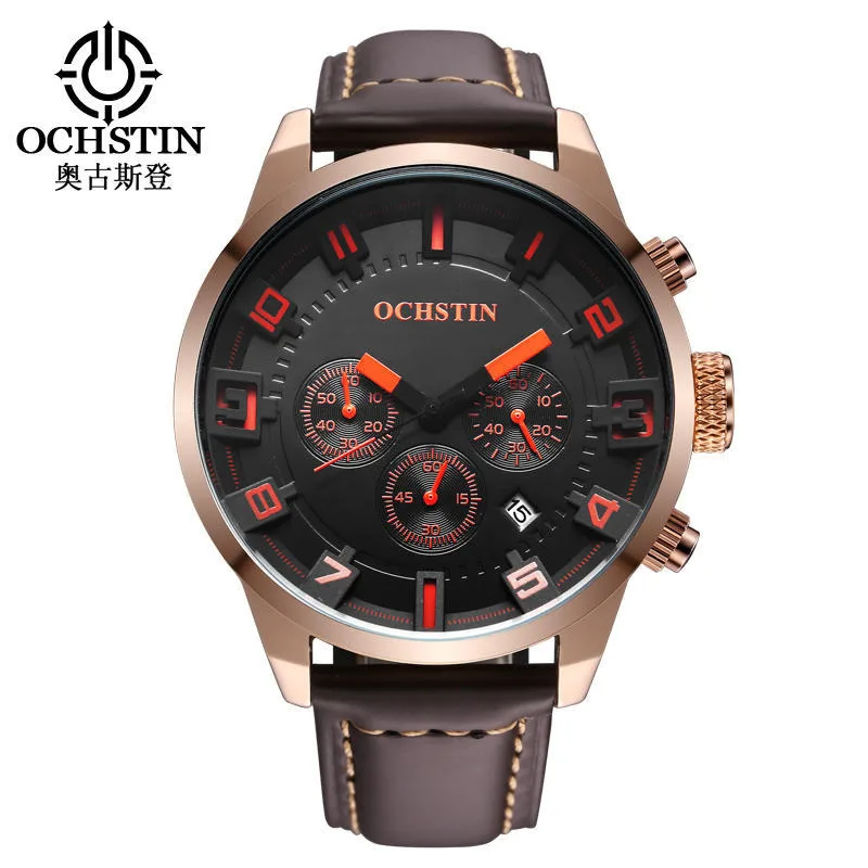 Ochstyn Фирменная Новинка модные повседневные мужские часы с хронографом военные армейские спортивные часы с кожаным ремешком Роскошные наручные кварцевые часы GQ049 - Цвет: GQ04905