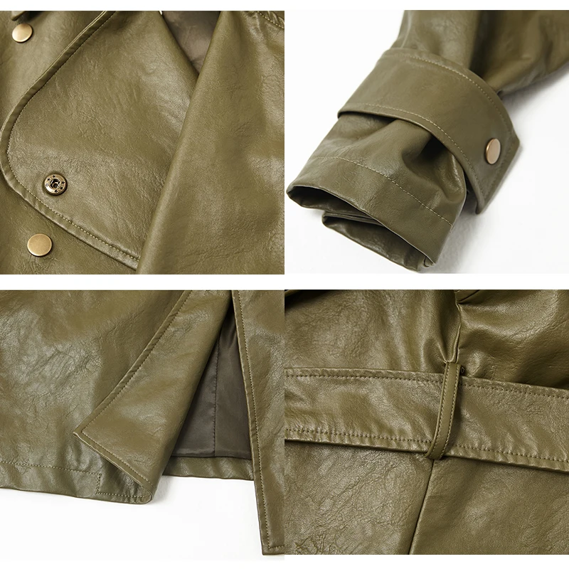 

ESCALIEA Women's Loose Washed PU Leather Jacket Fashion Sashes Design Bright Colors Coats New Ladies Basic Jackets