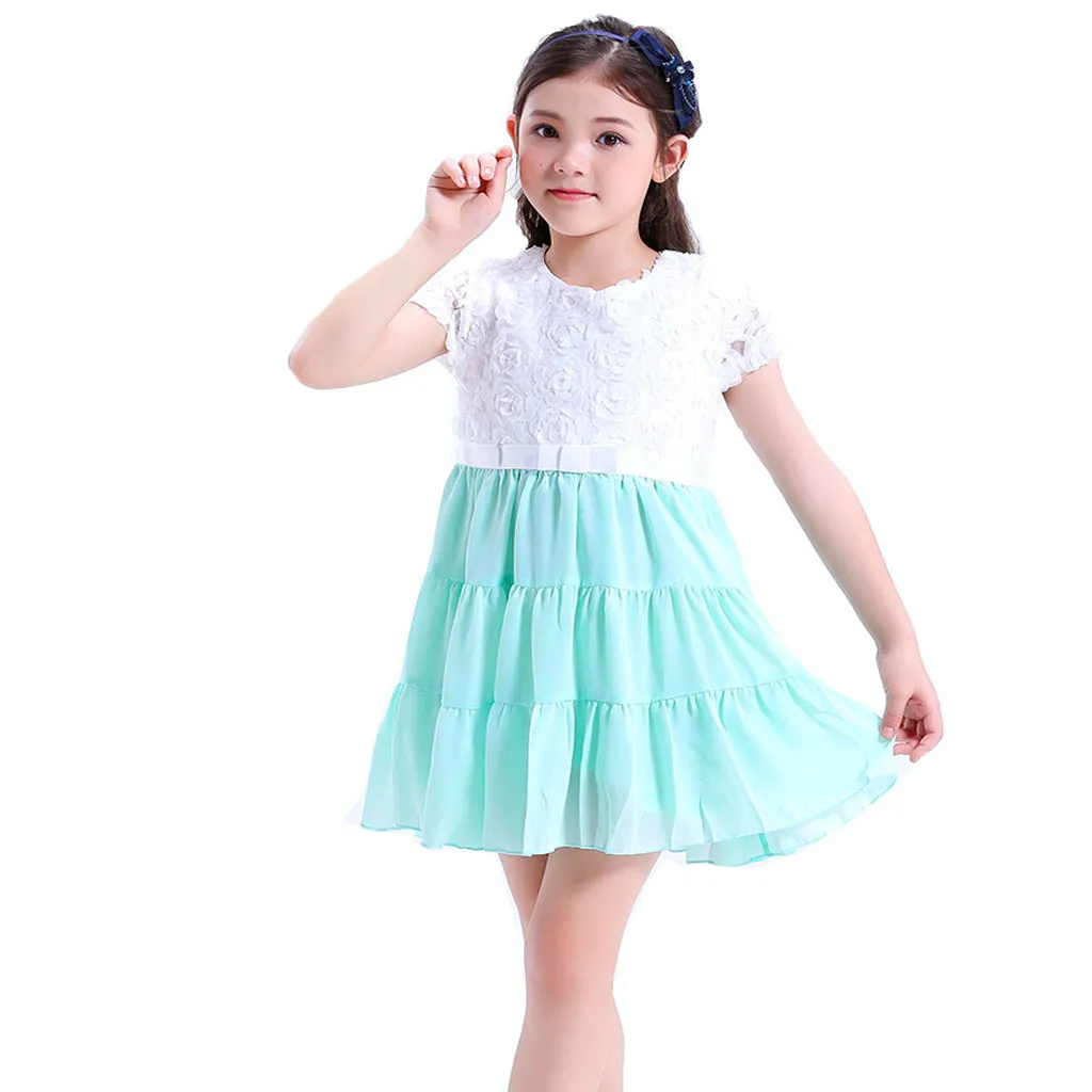 Fashsiualy Children Summer Princess Dresses Clothes For Kid Baby Girls Lace Solid Stitching Short Sleeve A-Line Dress | Детская одежда