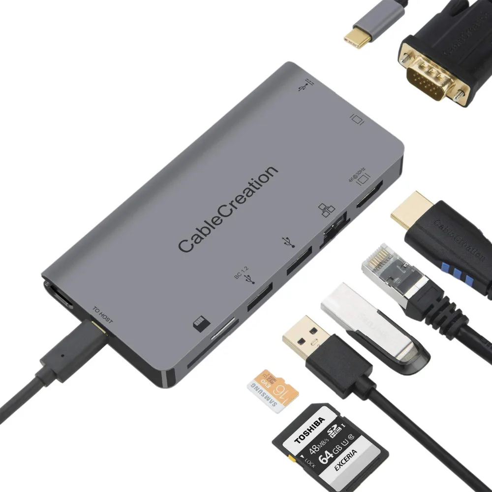 USB C многопортовый адаптер CableCreation Type к HDMI 4K + VGA 3 0 Gigabit Ethernet SD/Micro SD Data или PD зарядная