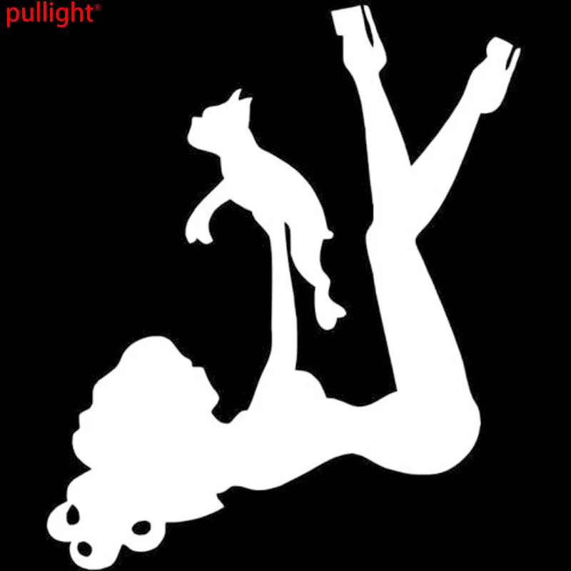 Виниловая наклейка с изображением девушки Бостон-терьером 9*11 см | Автомобили и