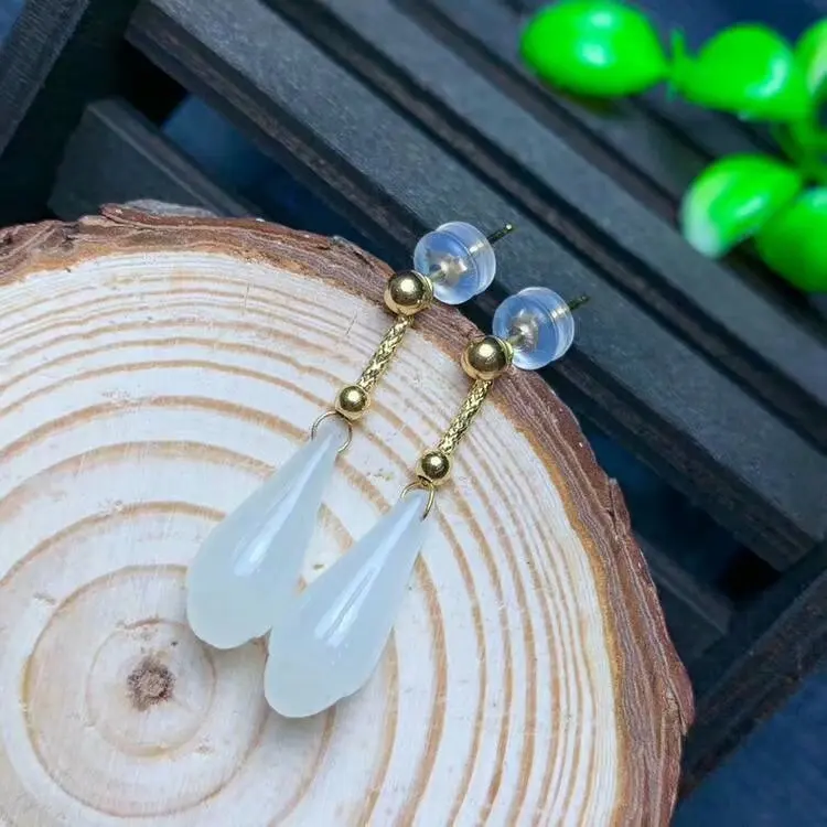 

SHILOVEM 18k yellow gold Natural white Jasper drop earring classic fine Jewelry women wedding gift 6.5*16mm myme6.51699hby