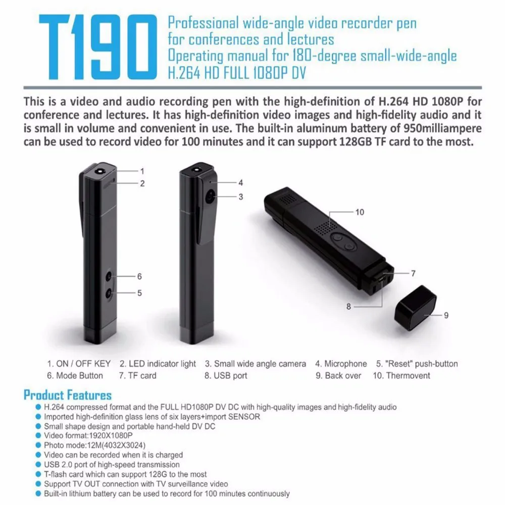 T190 Мини Видеокамеры HD 1080 из видеокамера USB Pen Камера голос Регистраторы ручка