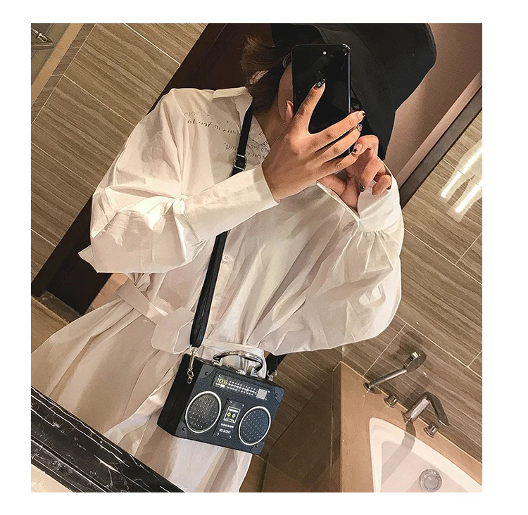 Summer Radio Tape Prints Mini Crossbody Bags for Women Box Shaped Shoulder Bag PU Leather Small Purses Vintage Flap Handbags