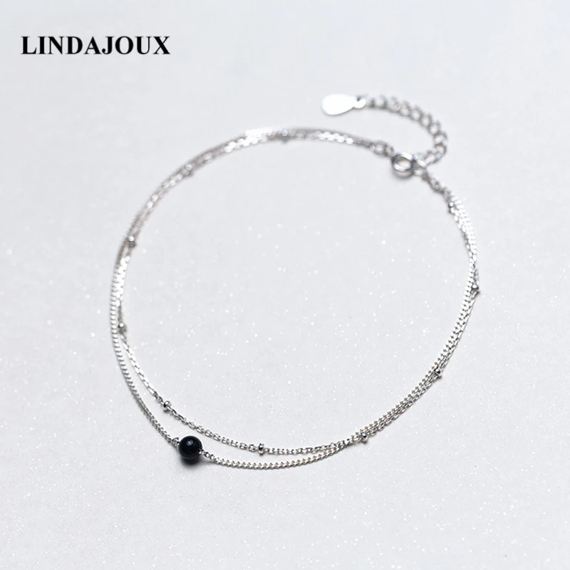 LINDAJOUX 925 пробы серебряный двухслойный черный бисер Очаровательная цепочка ножной