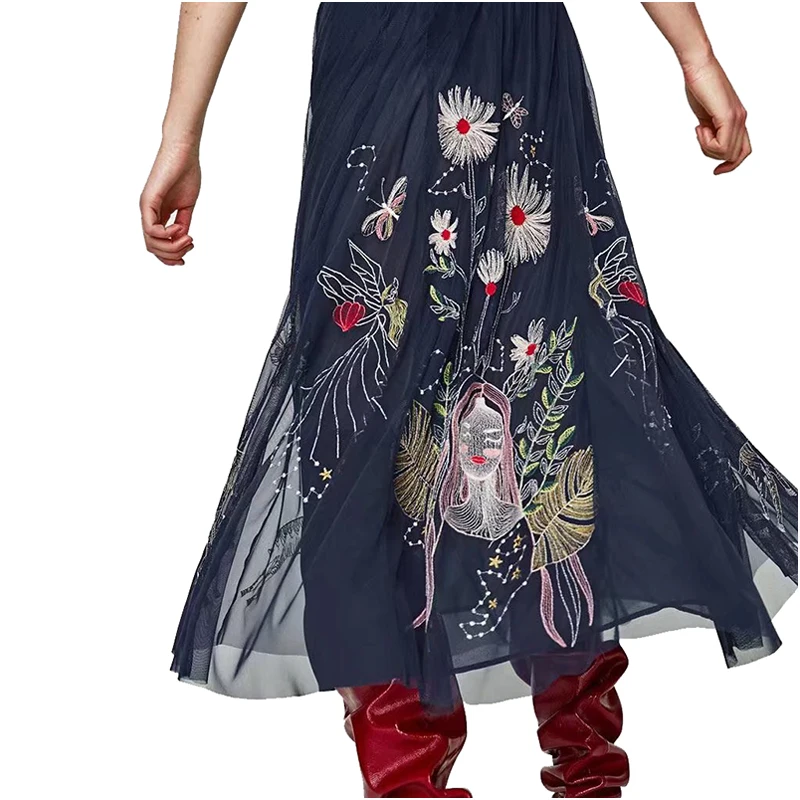NYMPH Women Vintage Skirts 2017 Summer Boho Elegant High Waisted Floral Embroidered Mesh Overlay Midi A Line Plus Size | Женская одежда