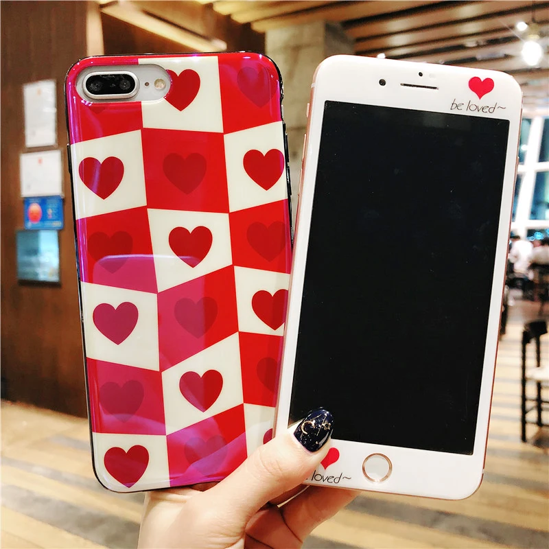 For iPhone X Pink Lovely case + Tempered Glass Screen film 6 6S 6Splus 7 7plus 8 8Plus Cute peach back Cover |