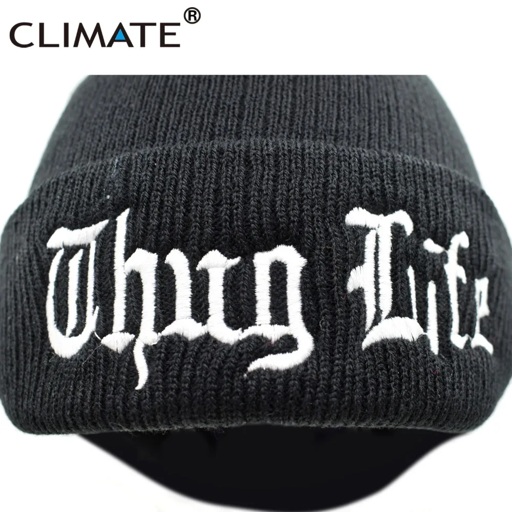 Климатическая Мужская Женская Зимняя Теплая Шапка бини THUG LIFE Black Knit Skullies Beanie