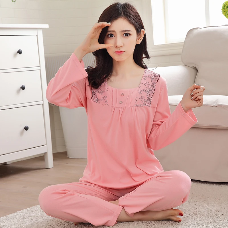 

yellow pink Plus size Pregnant women Pajamas sets autumn spring women's 100% cotton long-sleeve sleepwear 4xl for 100 kg girls